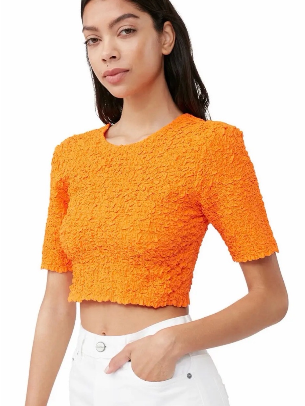 Ganni Orange Textured Cropped Top